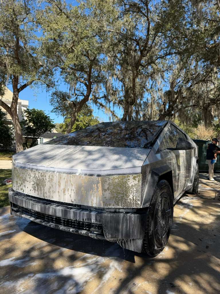 Tesla Cybertruck during foam wash by Black V Protect Orlando